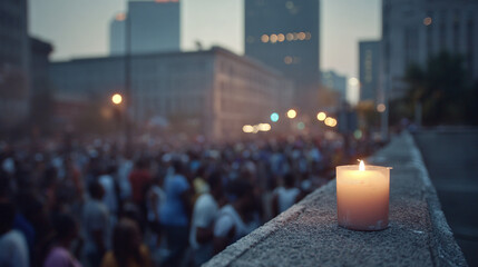 A candle burns brightly amidst a crowd of people, symbolizing hope and resilience in a challenging urban environment. Nighttime memorial.