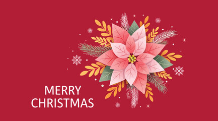 Elegant Christmas greeting card with pink-red poinsettia, golden leaves, snowflakes, and sparkles on deep red background. &ldquo;MERRY CHRISTMAS&rdquo; text adds festive charm for seasonal decor and promotions.