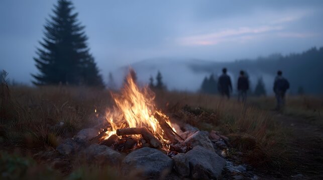 A campfire burns in a misty wilderness landscape at dusk with distant figures walking along a path
