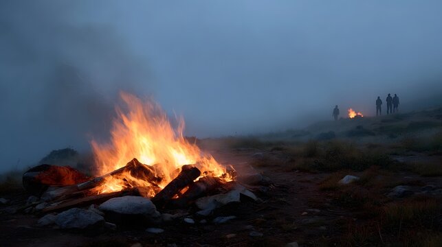 A large campfire burns in a foggy mountainous landscape at twilight with distant figures gathered around another fire