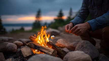 A person roasts a marshmallow over a glowing campfire on a rocky shore at twilight with a calm lake and trees in the background