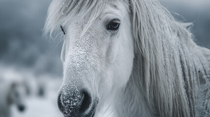 Close-up view of a horse face covered with snow. Majestic winter scene with a beautiful horse covered in snow with the cold weather.