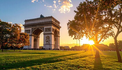 Golden Hour Sunlight Illuminates Arc de Triomphe Landmark Paris France Warm Sky Lush Green Grass...
