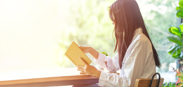 Woman reading a book by a sunlit cafe window with warm natural light and greenery, expressing relaxation, focus, and a peaceful lifestyle moment.