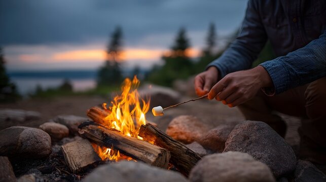 A person roasts a marshmallow over a glowing campfire on a rocky shore at twilight with a calm lake and trees in the background - Powered by Adobe
