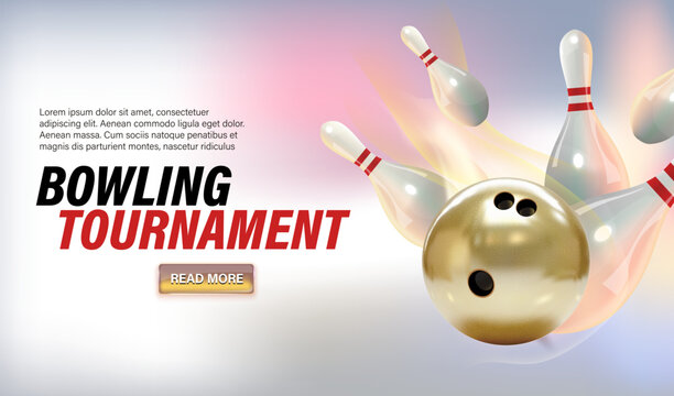 Modern conceptual website design for a bowling tournament with a bowling ball hitting flying pins, a headline and Learn More call to action. Vibrant, dynamic and perfect for sports websites.