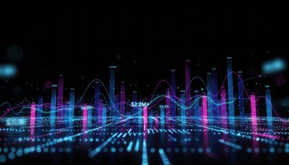 Futuristic digital financial data chart with glowing blue and pink bar graphs and line charts visualizing big data analytics, statistics, and stock market performance on a dark background