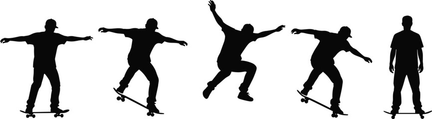 Silhouette sequence of skateboarder performing tricks, balancing movements, dynamic action poses and standing positions on skateboard, isolated vector illustration