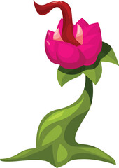 Naklejka premium Cartoon pink fantasy flower growing with red pistil and green stem, isolated on white background