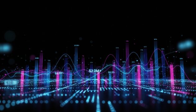 Futuristic digital financial data chart with glowing blue and pink bar graphs and line charts visualizing big data analytics, statistics, and stock market performance on a dark background