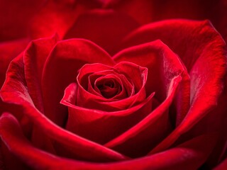 Obraz premium red rose close up - Macro Red Rose Petals Forming Heart Shape with Dramatic Lighting