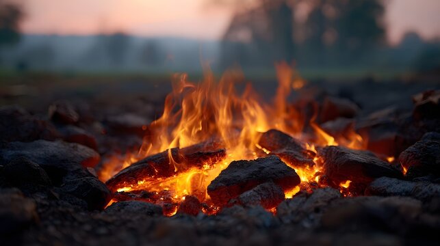 A vibrant campfire burns with intense orange and yellow flames surrounded by dark rocks and glowing embers at twilight - Powered by Adobe