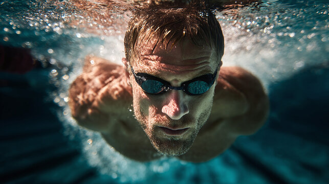 Underwater view of a determined swimmer gliding through the water, goggles on, his gaze focused forward in a pool with bright, clear light.