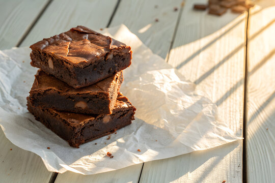 Indulge in rich, fudgy chocolate brownies stacked on parchment with warm sunlight and rustic textures for a cozy dessert moment. generative ai
