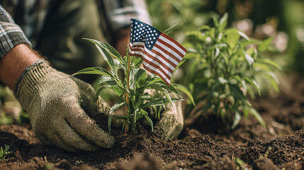 Celebrating Growth: A gardener plants with care, marking the occasion with a small flag, symbolizing new beginnings and national pride.