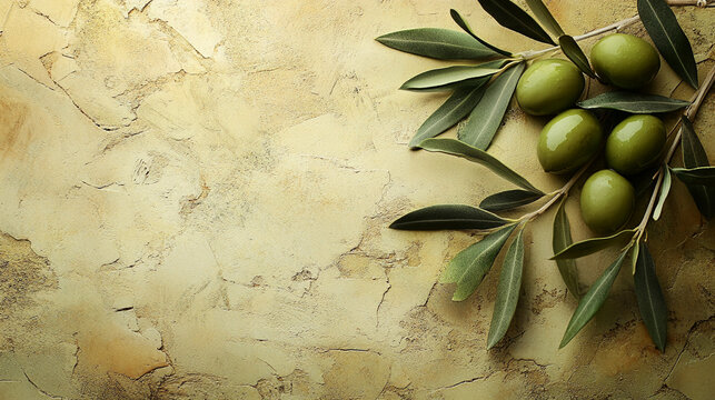 Fresh green olives with leaves on a textured background create a natural and healthy culinary vibe ideal for food bloggers and Mediterranean-themed content