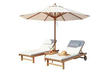 Luxury beach relaxation with umbrella and loungers invites you to unwind and escape the everyday stress, perfect for travel ads and vacation promotions