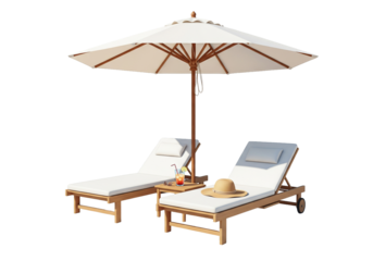 Luxury beach relaxation with umbrella and loungers invites you to unwind and escape the everyday stress, perfect for travel ads and vacation promotions