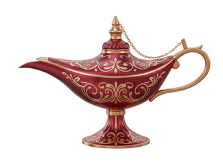 Ornate red and gold Aladdin s lamp PNG isolated on transparent background, magical genie lamp for...