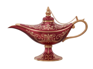 Ornate red and gold Aladdin s lamp PNG isolated on transparent background, magical genie lamp for fairy tales and Arabian Nights themes