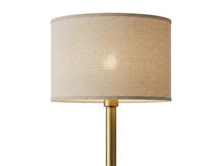 Elegant gold floor lamp with beige fabric shade isolated PNG, modern lighting fixture for home...