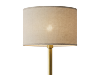Elegant gold floor lamp with beige fabric shade isolated PNG, modern lighting fixture for home decor and interior design projects