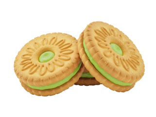 Delicious sandwich cookies with green cream filling isolated PNG, sweet biscuit dessert for snack...