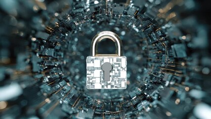 Digital lock stands at the center of swirling abstract circuitry representing cybersecurity and data protection in a modern technological landscape - Powered by Adobe