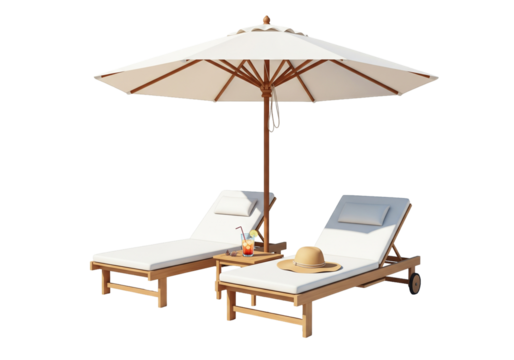 Luxury beach relaxation with umbrella and loungers invites you to unwind and escape the everyday stress, perfect for travel ads and vacation promotions