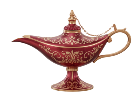 Ornate red and gold Aladdin s lamp PNG isolated on transparent background, magical genie lamp for fairy tales and Arabian Nights themes