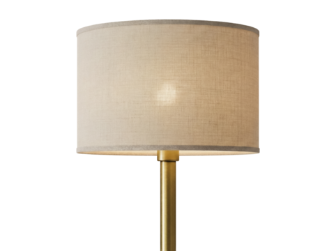Elegant gold floor lamp with beige fabric shade isolated PNG, modern lighting fixture for home decor and interior design projects