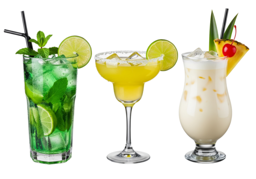 Refreshing tropical cocktails to celebrate summer fun, mojito, margarita, and piña colada for happy hour and vacation vibes, cheers to the good life