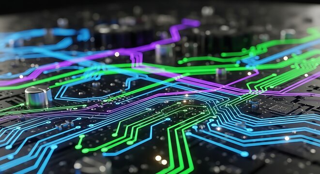 Abstract circuit board illustration with colorful digital lines and connections