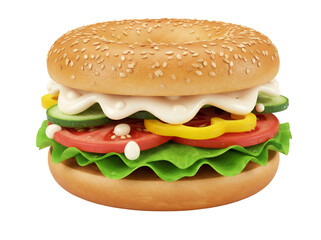 Delicious bagel sandwich PNG isolated on transparent background, with fresh vegetables and creamy...