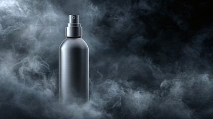 A sleek, silver spray bottle emerges from a mist, its metallic sheen enhanced by dramatic lighting. A sense of mystery and allure is evoked.