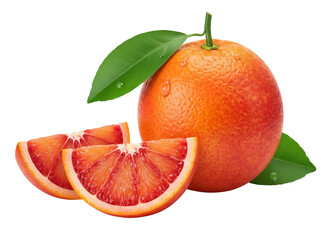Fresh blood orange with leaves and slices isolated PNG, vibrant citrus fruit on transparent...