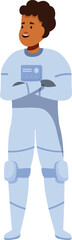 Young astronaut wearing spacesuit, standing confidently with arms crossed, ready for space exploration