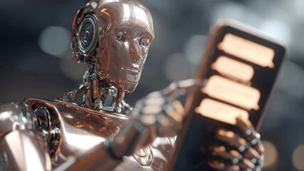 Robot holds smartphone while analyzing data in a futuristic tech environment during a bright day - Powered by Adobe