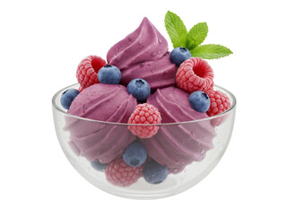 Purple frozen yogurt with raspberries and blueberries in glass bowl isolated PNG, healthy dessert...