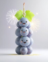 A festive stack of cute blue grapes, some smiling happily with rosy cheeks. Fireworks burst brightly in the background with golden glitter.