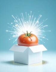 A radiant red tomato glows with brilliant sparks, emerging from a white open box on a shimmering blue surface. A magical fresh reveal.
