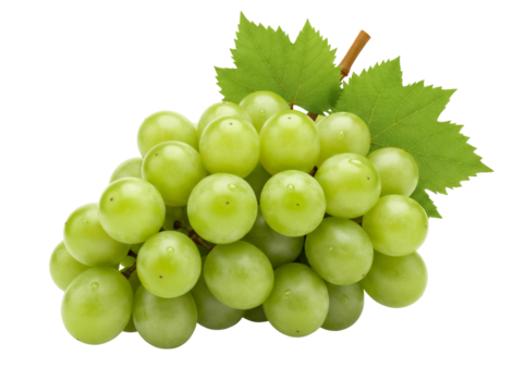 Fresh green grapes PNG isolated on transparent background, healthy fruit with leaves for food design and summer concepts