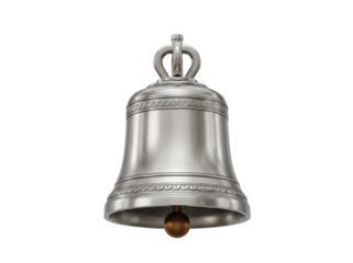 Silver metal bell isolated PNG on transparent background, shiny metallic instrument for Christmas and holiday decoration