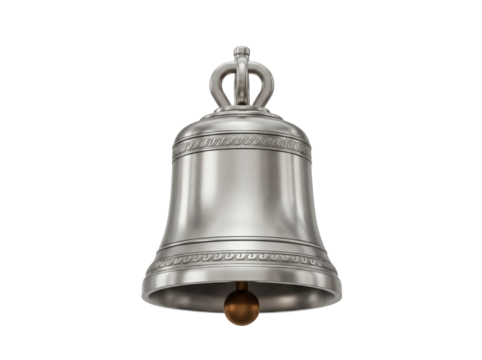 Silver metal bell isolated PNG on transparent background, shiny metallic instrument for Christmas and holiday decoration