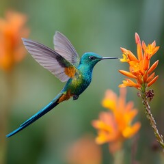 Fototapeta premium Blue Hummingbird Feeding on Orange Tropical Flower with Wings Extended in Flight