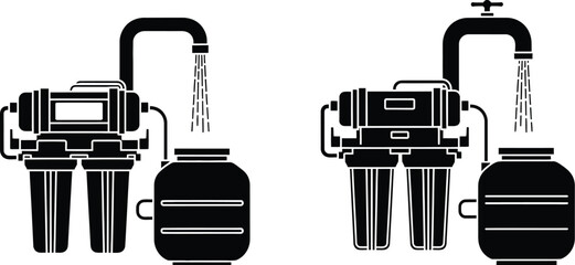 Black and white illustration depicting two water filter systems with jars