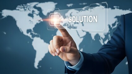 Businessman s finger touches solution on global map interface