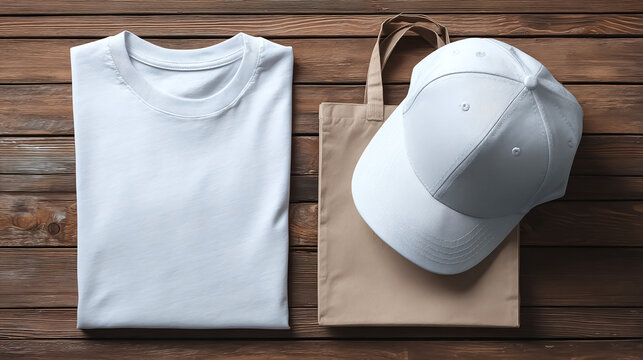 Elevated top view: white round-neck t-shirt, tote bag, and baseball cap artfully arranged on rustic wood, showcasing blank canvas fashion.