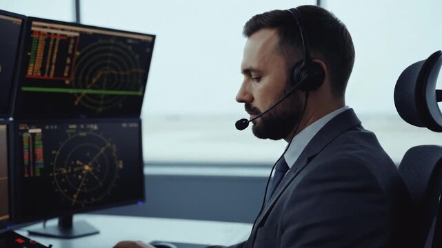 Professional air traffic controller or trader working with multiple monitors. Man in suit with headset monitoring radar data and typing in a control room