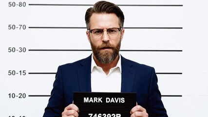 Arrested businessman posing for a mugshot. Man in a suit holding an identification board against a height chart background. White collar crime concept